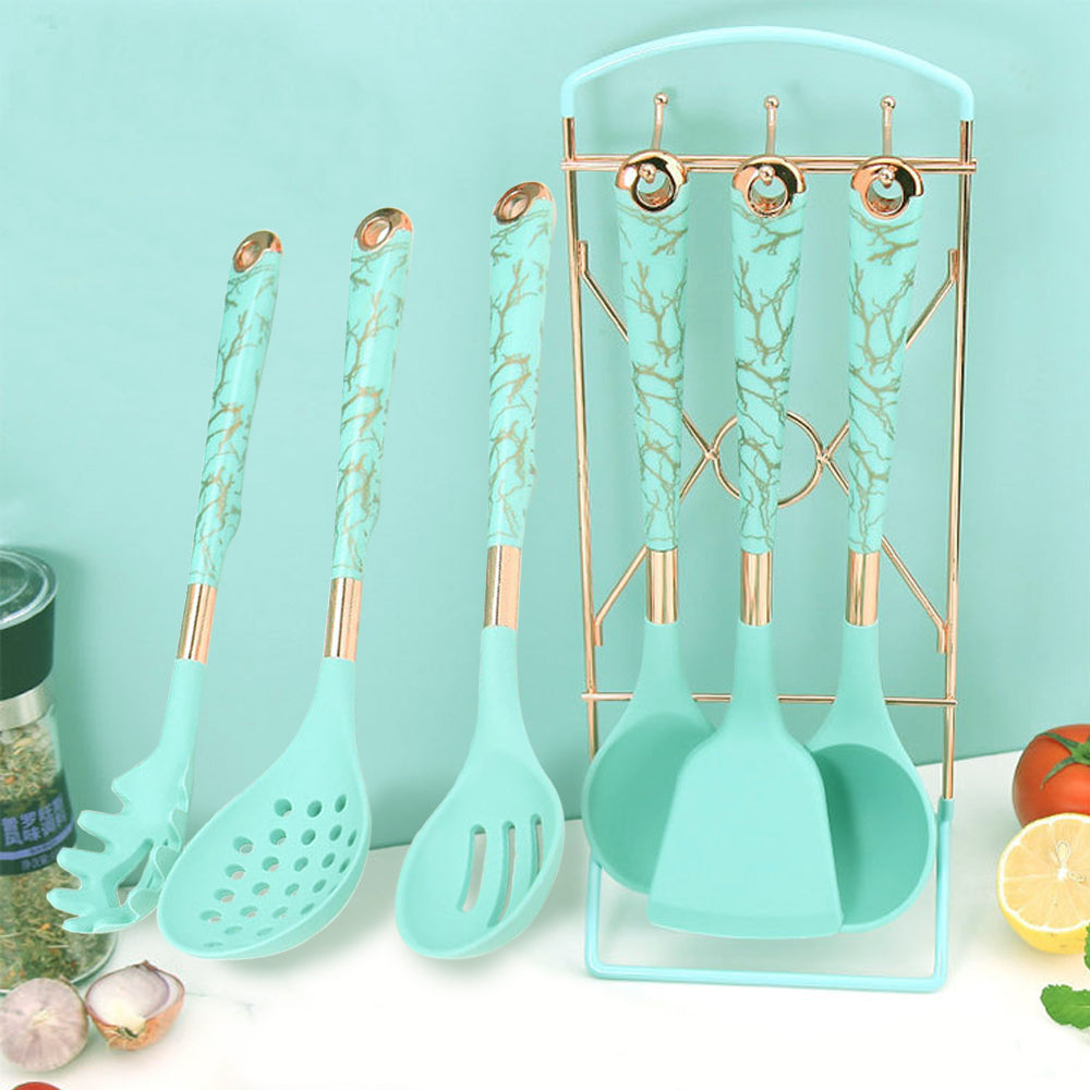 Juego de 6 utensilios de cocina silicona con diseño marmolado y soporte