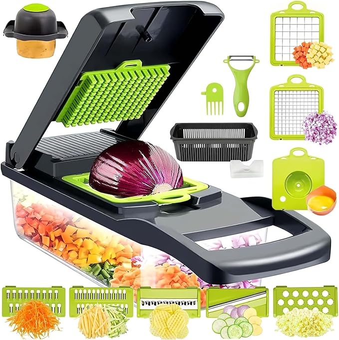 Picador de verduras 16 en 1 en uso cortando vegetales frescos