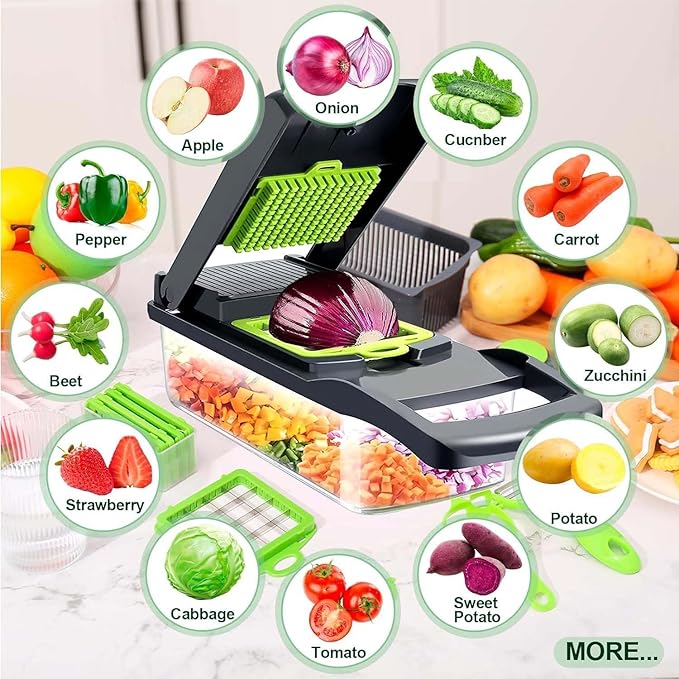 Picador de verduras 16 en 1 mostrando accesorios y cuchillas incluidas
