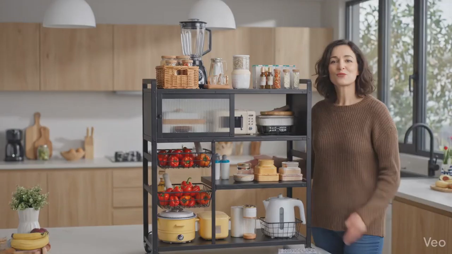 Estante Organizador de Cocina Metálico — Con Vitrina, Ruedas y Cestas Ventiladas